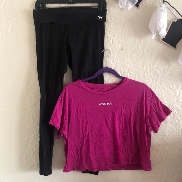 Victoria’s Secret Pink Love You T-Shirt Black Bleach Splatter Fold Over Leggings - Picture 1 of 16